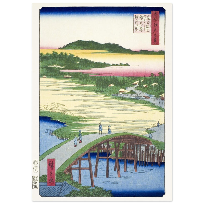 Sugatami Bridge, Omokage Bridge and the Gravel Pit at Takata by Utagawa Hiroshige, japanese woodblock  artist