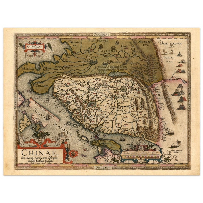 Ancient map of China by cartographer Abraham Ortelius 1584. Vintage historic map.