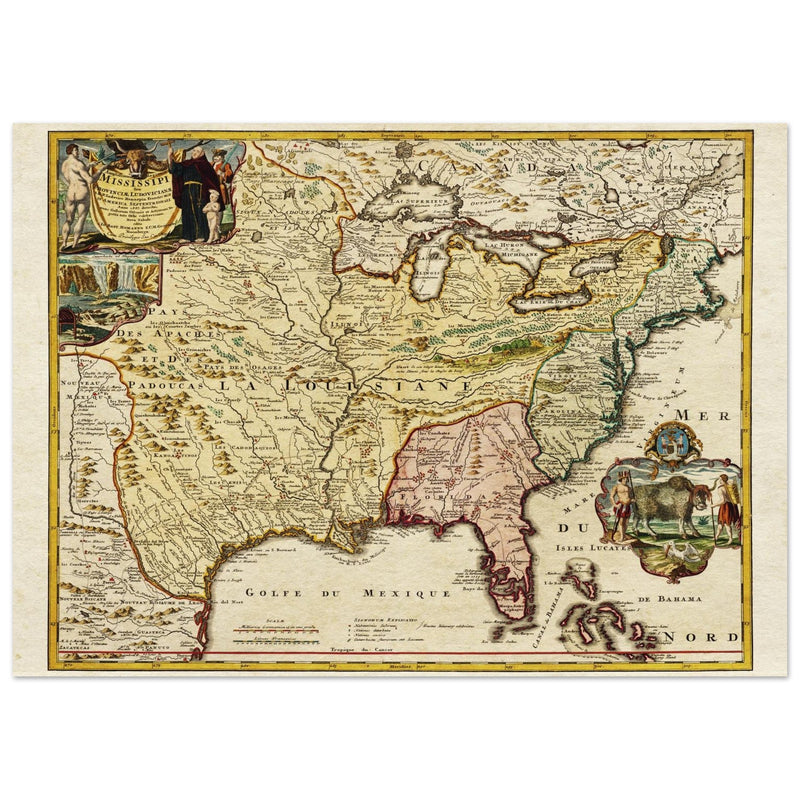 Ancient map of the United Stated Louisiana french region in 1687 by Johan Baptist Homann