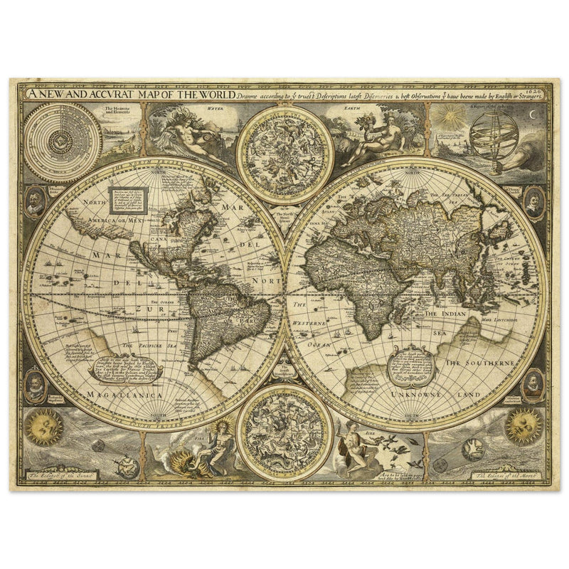 Old World map 1626. John Speed famous double hemisphere cartography with beautiful illustrations.