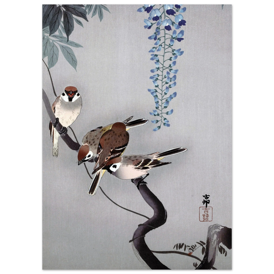 Ring sparrows at wisteria by Ohara Koson
