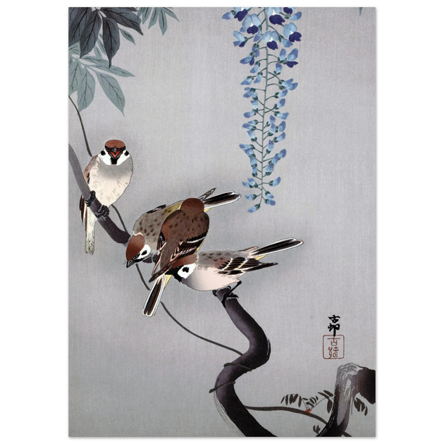 Ring sparrows at wisteria by Ohara Koson