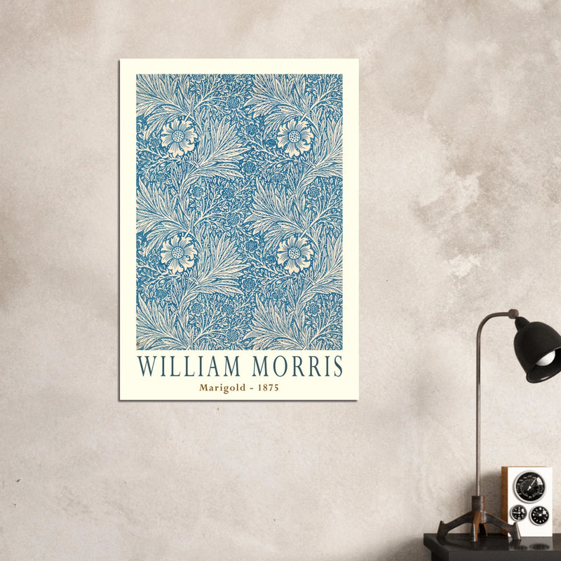 William Morris Marigold art print. Vintage wallpaper reproduction. Blue floral pattern.