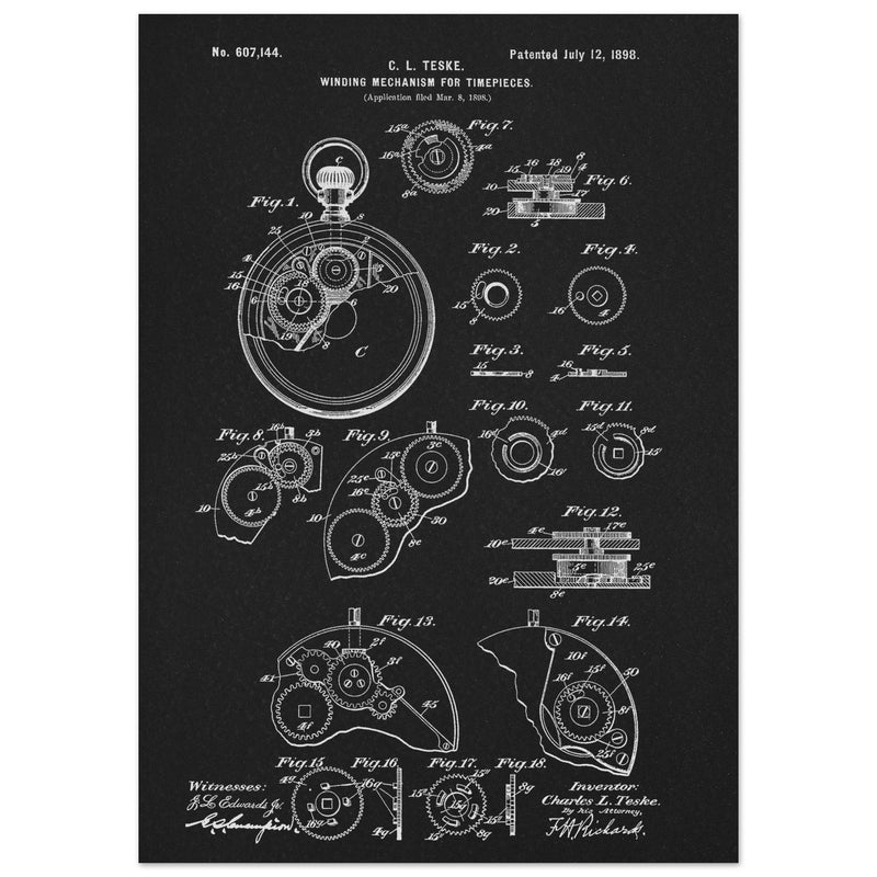 Winding Mechanism for Time Pieces, vintage clock patent .