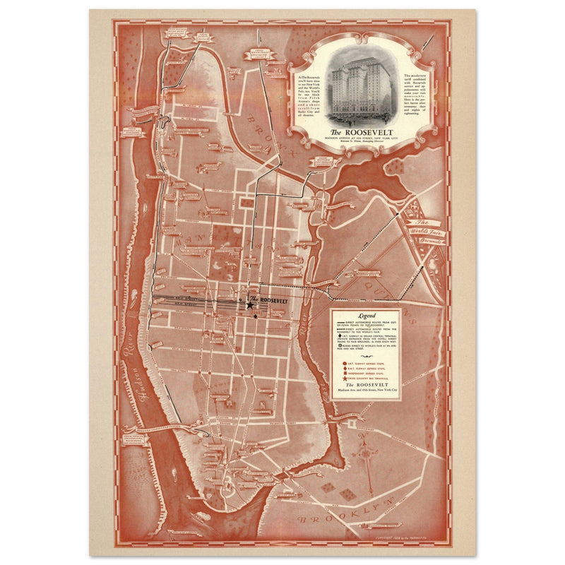 1938 New York City map. Created as an advertisement for the Roosevelt Hotel it includes major streets of Manhattan