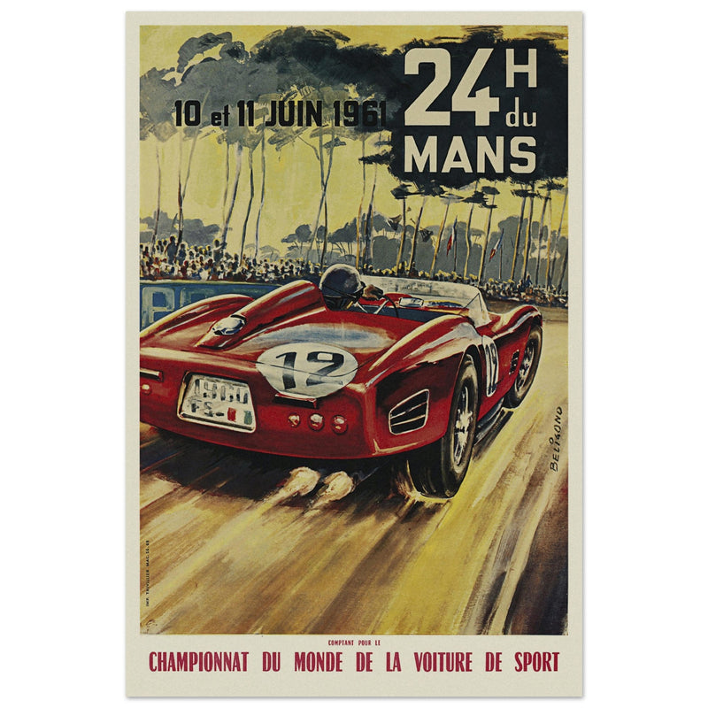 Michel beligond 24 hours Le Mans race 1961 vintage poster . Ferrari classic racing car.