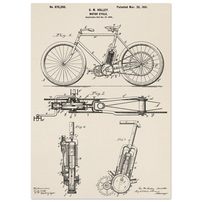 vintage motorcycle patent by G. M Holley.