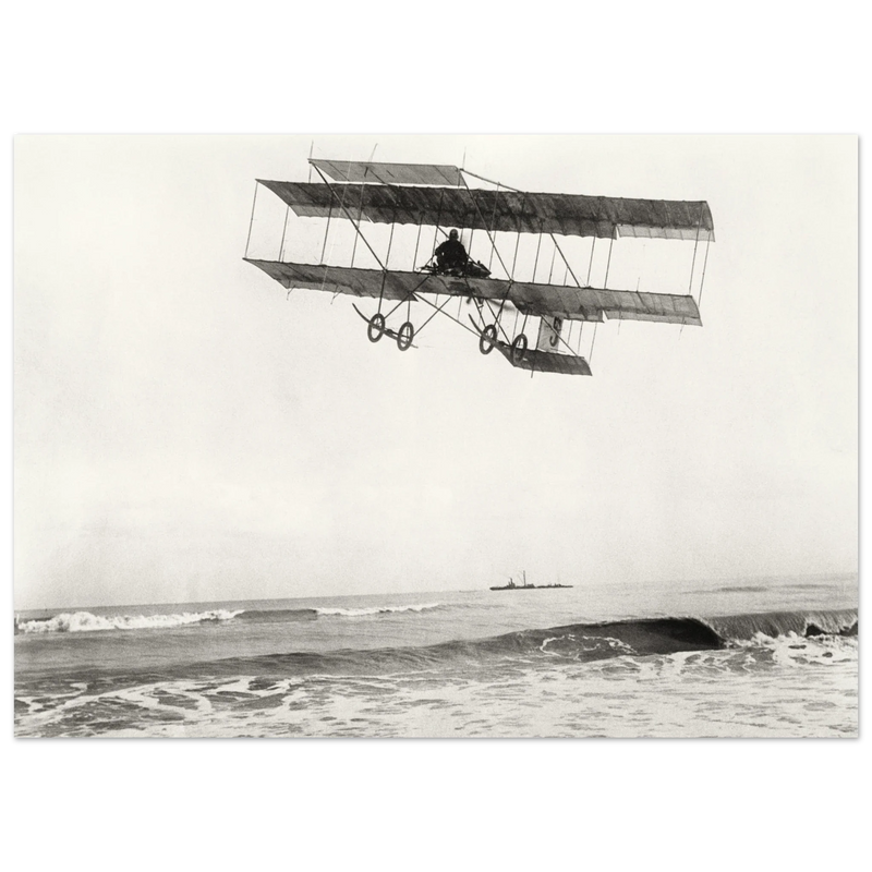 Vintage aircraft M. Van den Born flying above the sea Old photograph reproduction.