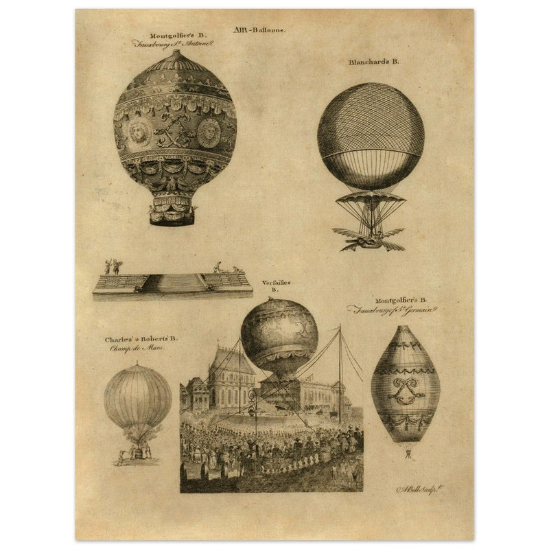 Early balloon ascensions in France. XVIII Century illustration drawing.