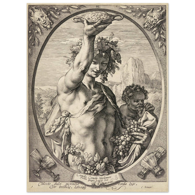 Bacchus in Half-Length by Hendrick Goltzius 1596. Roman God of wine vintage engraving .