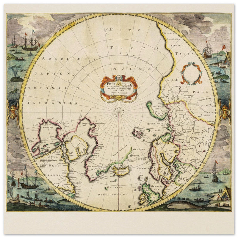 Ancient sea chart of the North Pole illustrated map by Jodocus Hondius XVII Century.