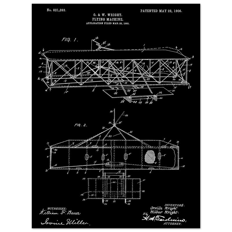 Flying machine patent 1906 by the Wright brothers. Vintage airplane.