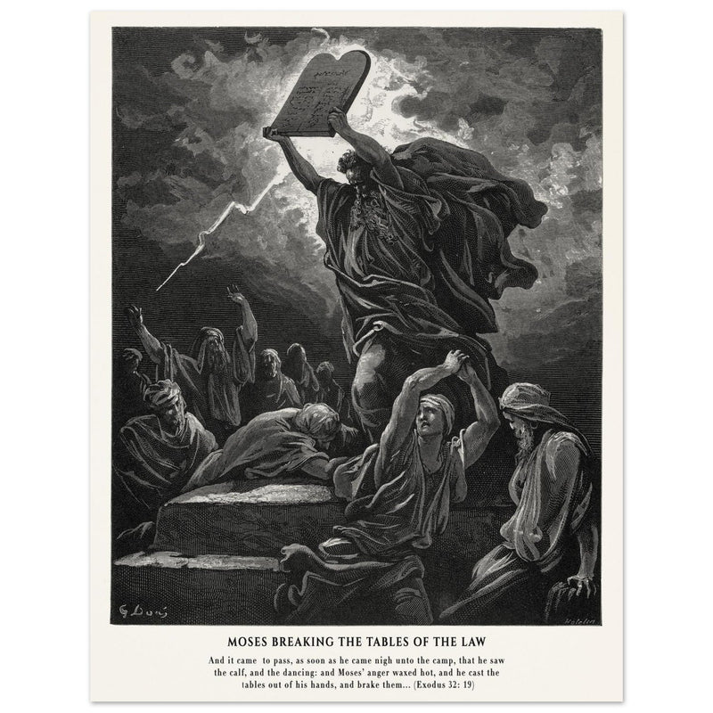 Gustave Dore The Bible engraving print . Moses breaking the Tables of the Law .
