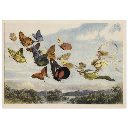 Richard Doyle illustration for Fairyland. The Fairy Queen in her carriage driven by butterflies.