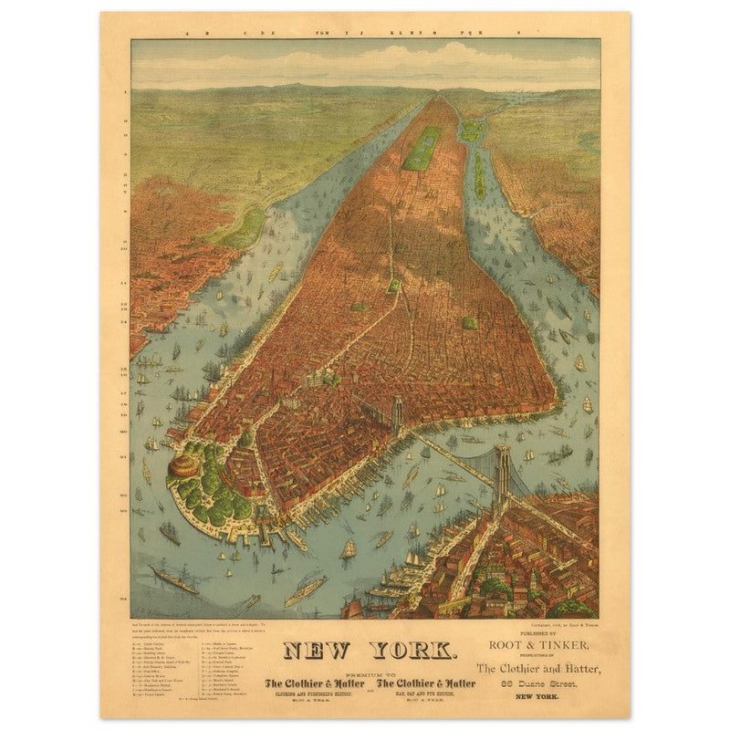 New York City vintage historic aerial view. Antique print  of Manhattan and the Hudson and East river.