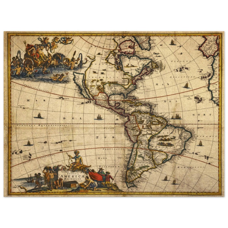 Ancient old illustrated map of America by Jacobum Meursium XVII Century