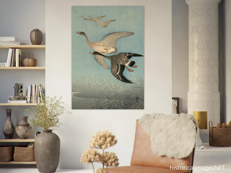 Ohara Koson White fronted geese in flight.