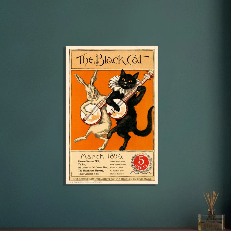 Rabbit and black cat playing banjos together as the cover illustration for The Black Cat Poster reproduction
