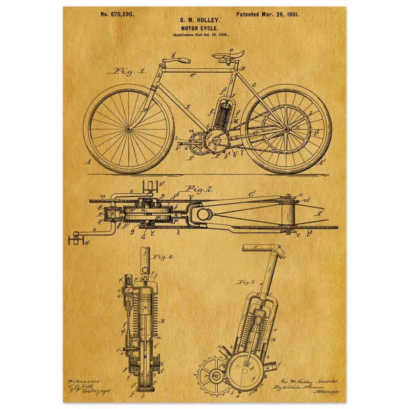 vintage motorcycle patent by G. M Holley.