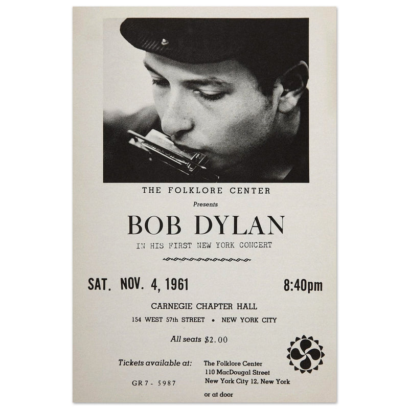 Bob Dylan concert poster in Carnegie Chapter Hall 1961.