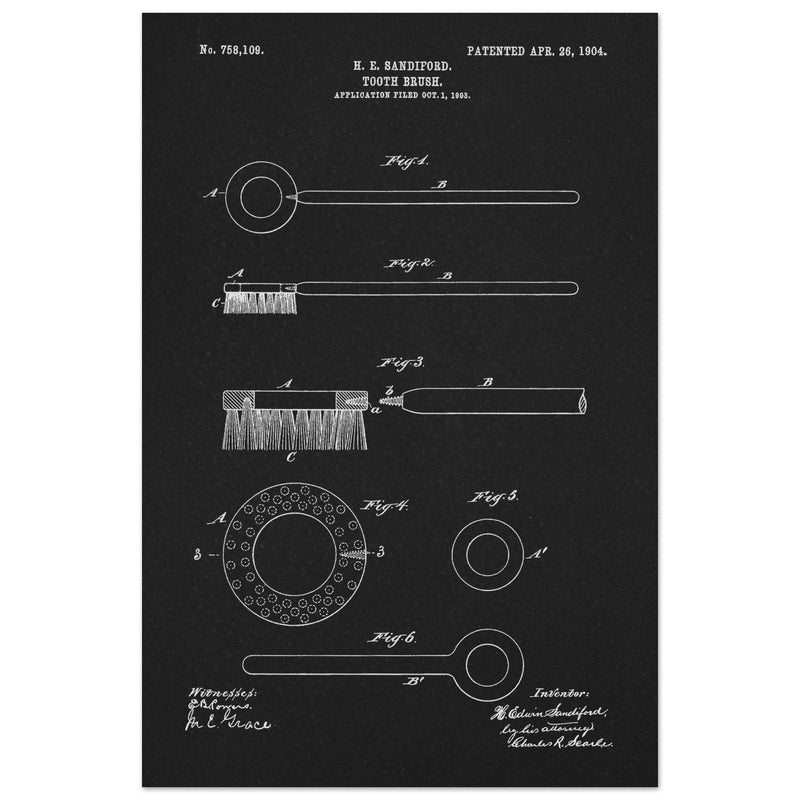 Toothbrush patent illustration by H E Sandiford.