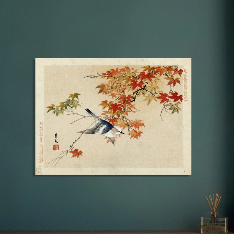 Bird flying at autumn branches by Matsumura Keibun, 1892 .
