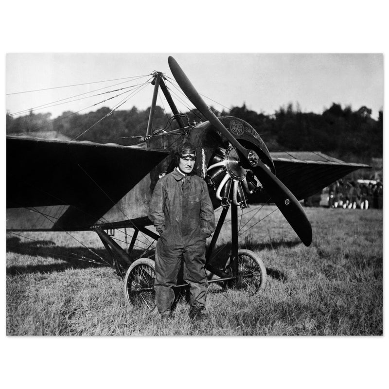 American aviator Frank Champion with vintage airplane 1915