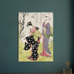 Two women and a girl under a blossoming cherry tree by Torii Kiyonaga XVIII Century Woodblock print reproduction .