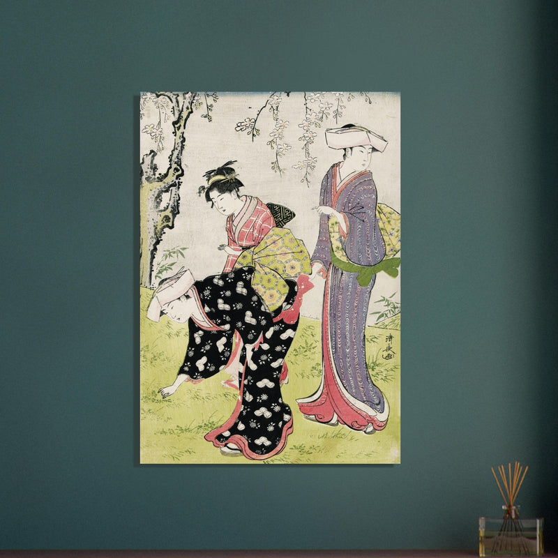 Two women and a girl under a blossoming cherry tree by Torii Kiyonaga XVIII Century Woodblock print reproduction .