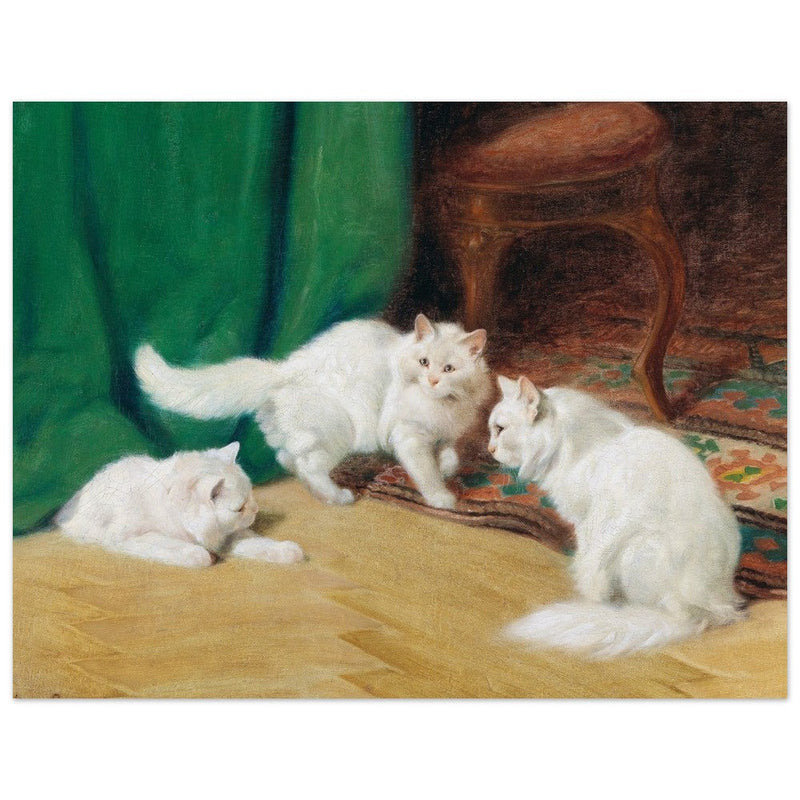 Three white cats playing old painting by Arthur Heyer.