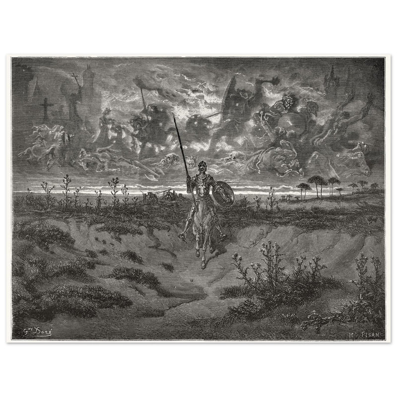 Don Quixote riding his horse by Gustave Dore dreaming of a life full of adventures.