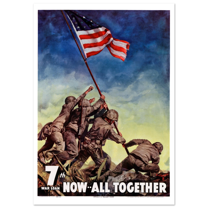 US soldiers rising american flag on mount Iwo Jima. World War 2 vintage poster
