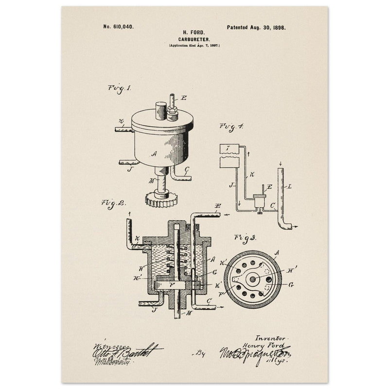 Carbureter vintage patent illustration by John Ford.
