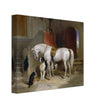 White horse in stable with dogs antique painting by Edwin Landseer.