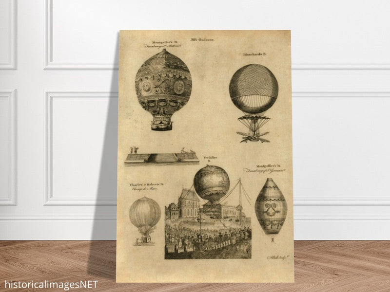 Early balloon ascensions in France. XVIII Century illustration drawing.