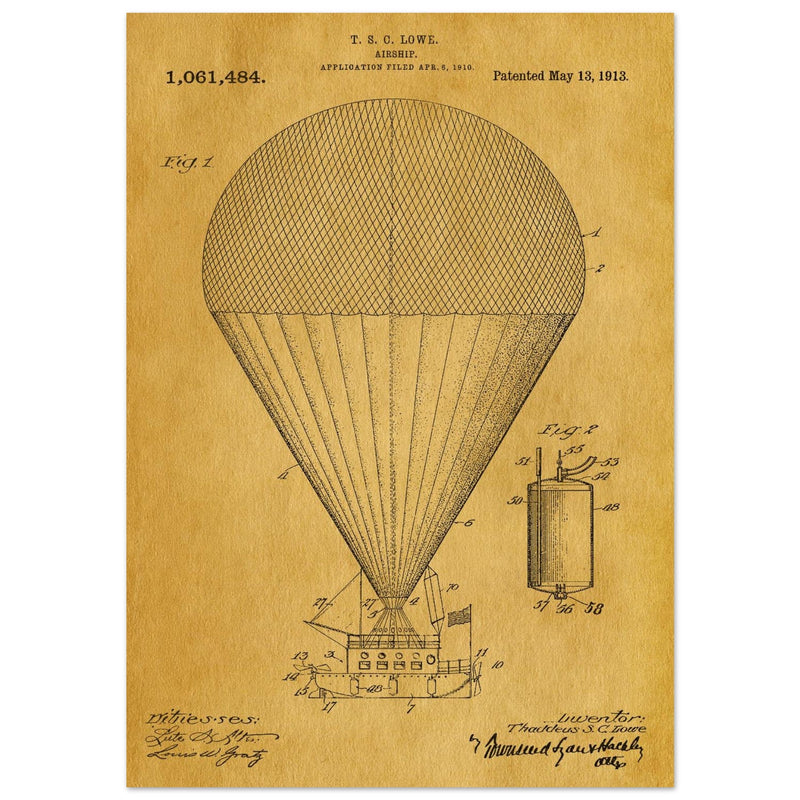 Airship patent drawing by T S C lowe Air balloon illustration