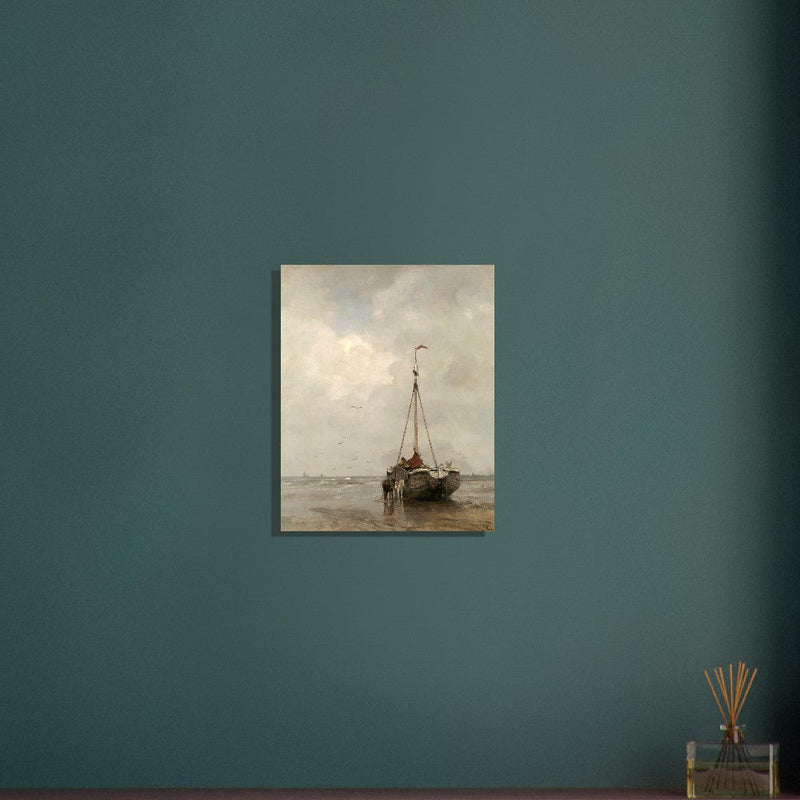Jacob Maris old marine painting Bluff-bowed Fishing Boat on the Beach at Scheveningen.