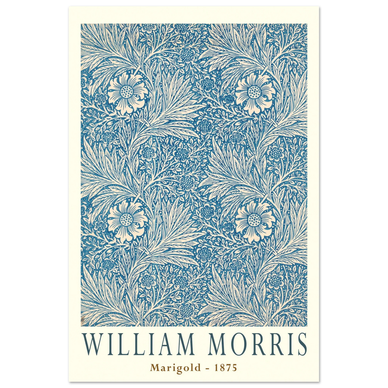 William Morris Marigold art print. Vintage wallpaper reproduction. Blue floral pattern.