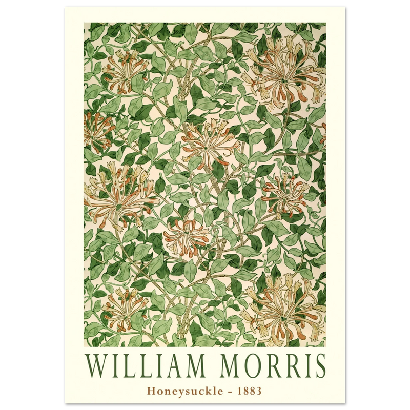 William Morris art print Honeysuckle wallpaper. Vintage flower and leaves poster.