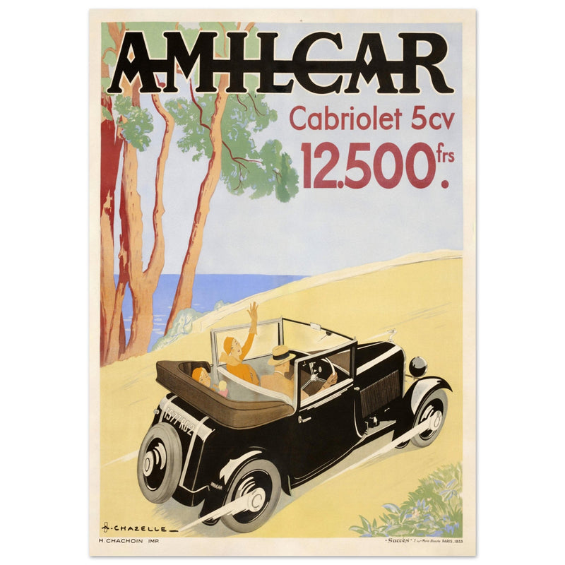 Chazelle advertisng print for Amilcar sports car. Art Nouveau bicycle advertising poster. decoration.