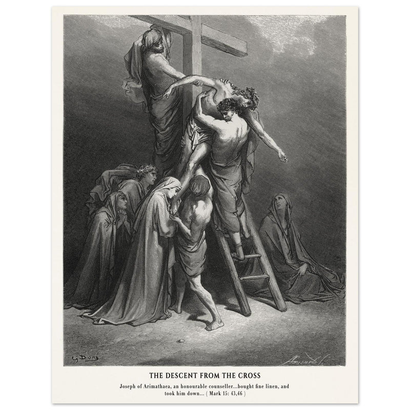 Gustave Dore The Bible engraving print . The Descent from the cross after Crucifixion illustration .