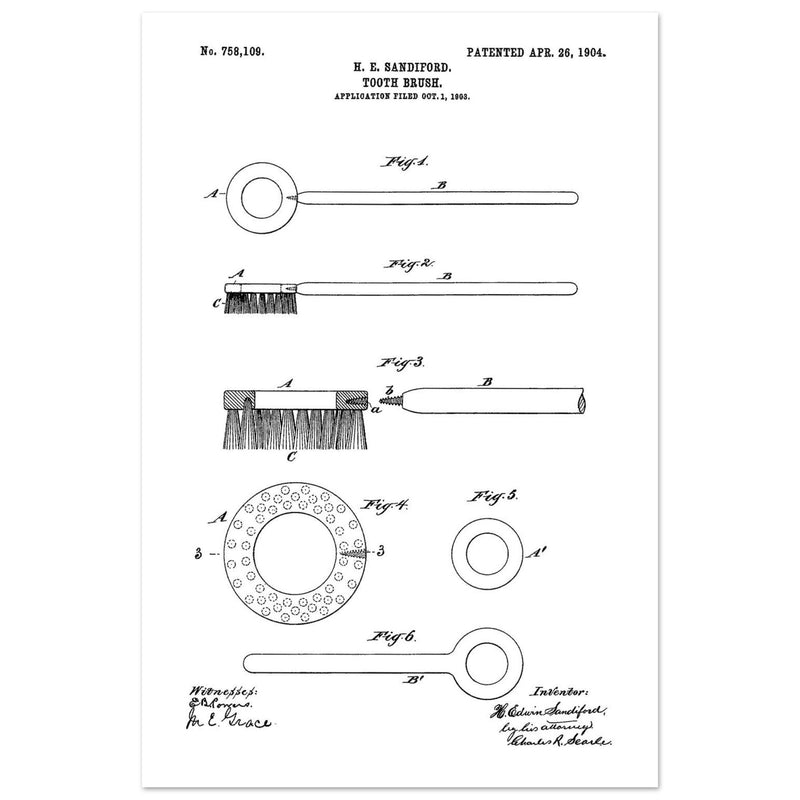 Toothbrush patent illustration by H E Sandiford.