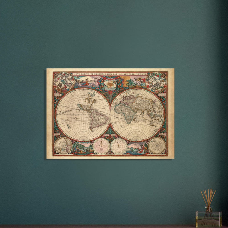 1660 Ancient old world map. Double hemisphere antique map reproduction.