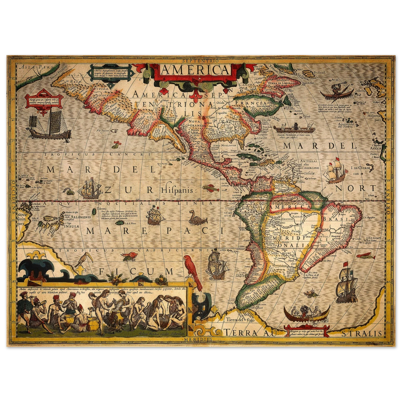 America old map print. Poster reproduction of the american continent year 1630 by Hendrik Hondius
