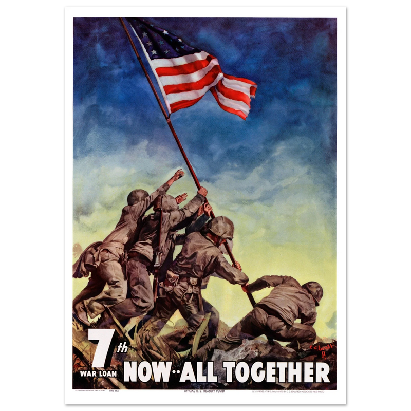 US soldiers rising american flag on mount Iwo Jima. World War 2 vintage poster