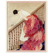 George Wolfe Plank vintage fashion magazine illustration. Woman on staircase throwing down rose flower.