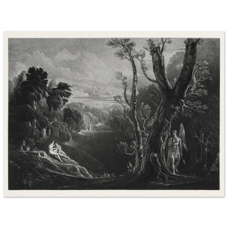 John Martin mezzotint engraving . Satan Contemplating Adam and Eve in Paradise. Paradise Lost by Milton.
