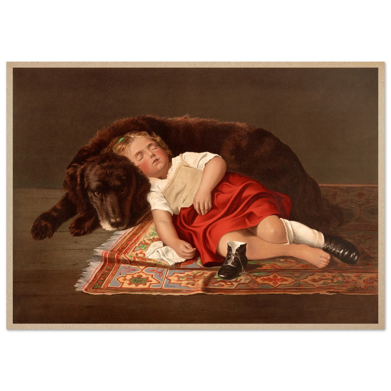 Young girl sleeping with her dog vintage poster reproduction 1871
