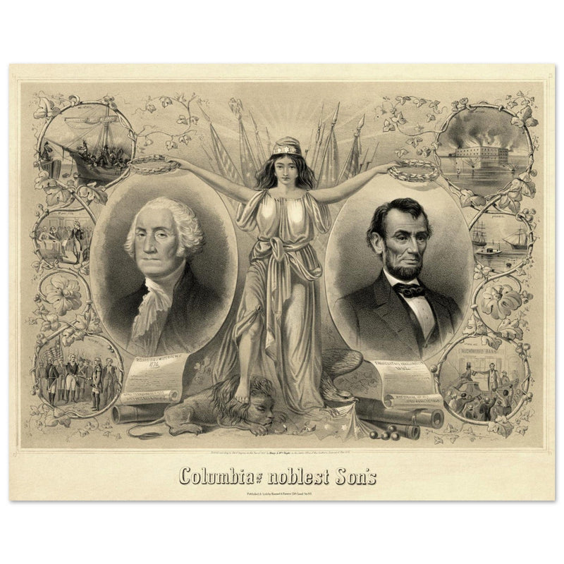 Abraham Lincoln and George Washington. Columbia's noblest sons engraving