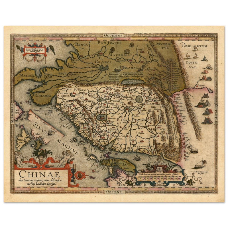 Ancient map of China by cartographer Abraham Ortelius 1584. Vintage historic map.